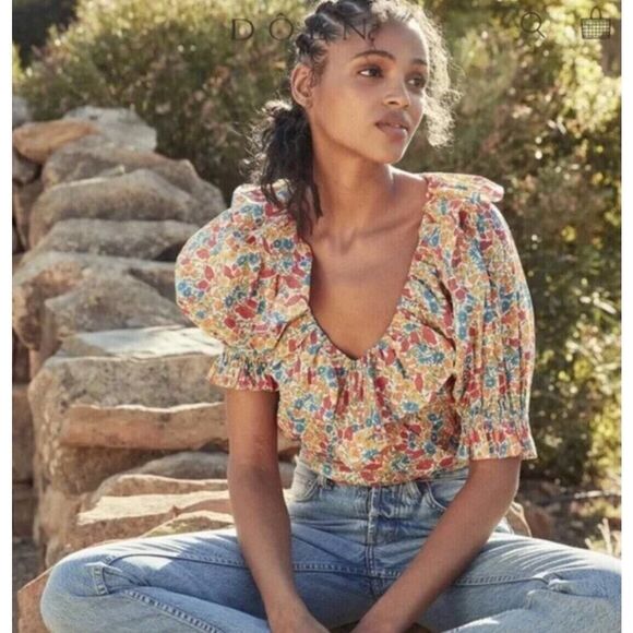 Doen Constance Blouse Top size S Poppy Daisy Floral Liberty Fabric Scoop Neck - Picture 1 of 10